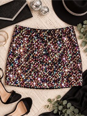 Rainbow Sequin Mini Skirt Multicolor Party Going Out Plus Size 2X